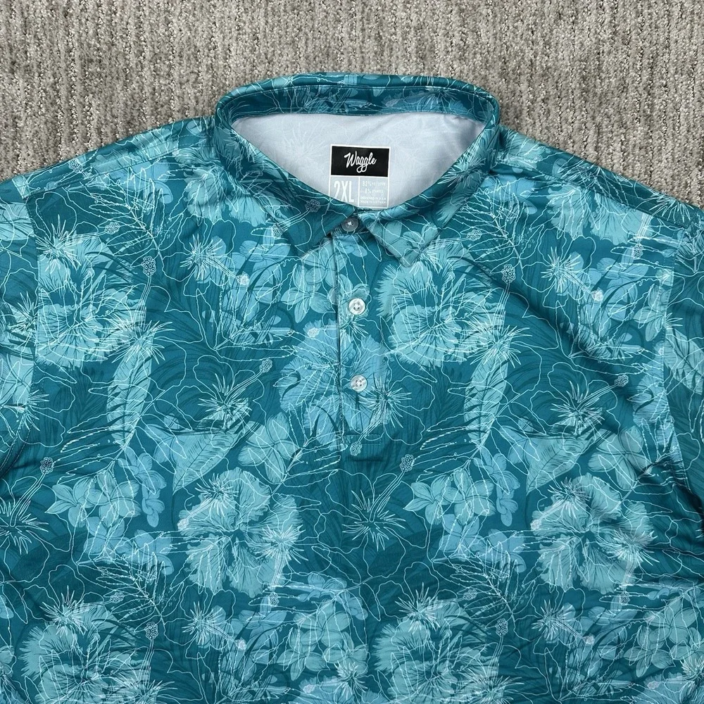 Waggle Shirt Adult 2XL Golf Polo Blue Floral Performance Stretch Mens - Picture 2 of 7